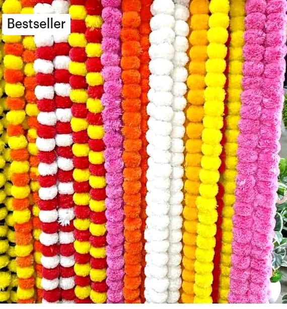 50 Pcs Artificial Marigold Garland: Indian Wedding Mehndi Decoration, 5 ft