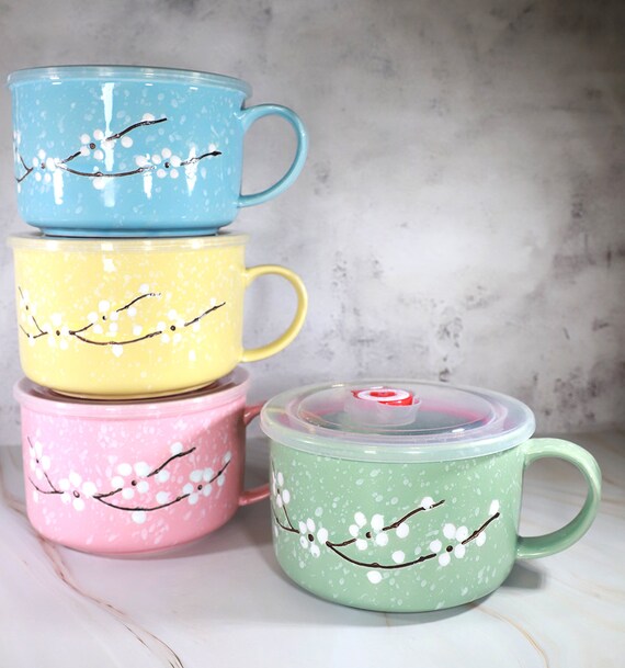 Microwavable Ceramic Noodle Bowl with Handle and Seal Fine Porcelain Sakura Snow Flake Floral Design BlossomPink 