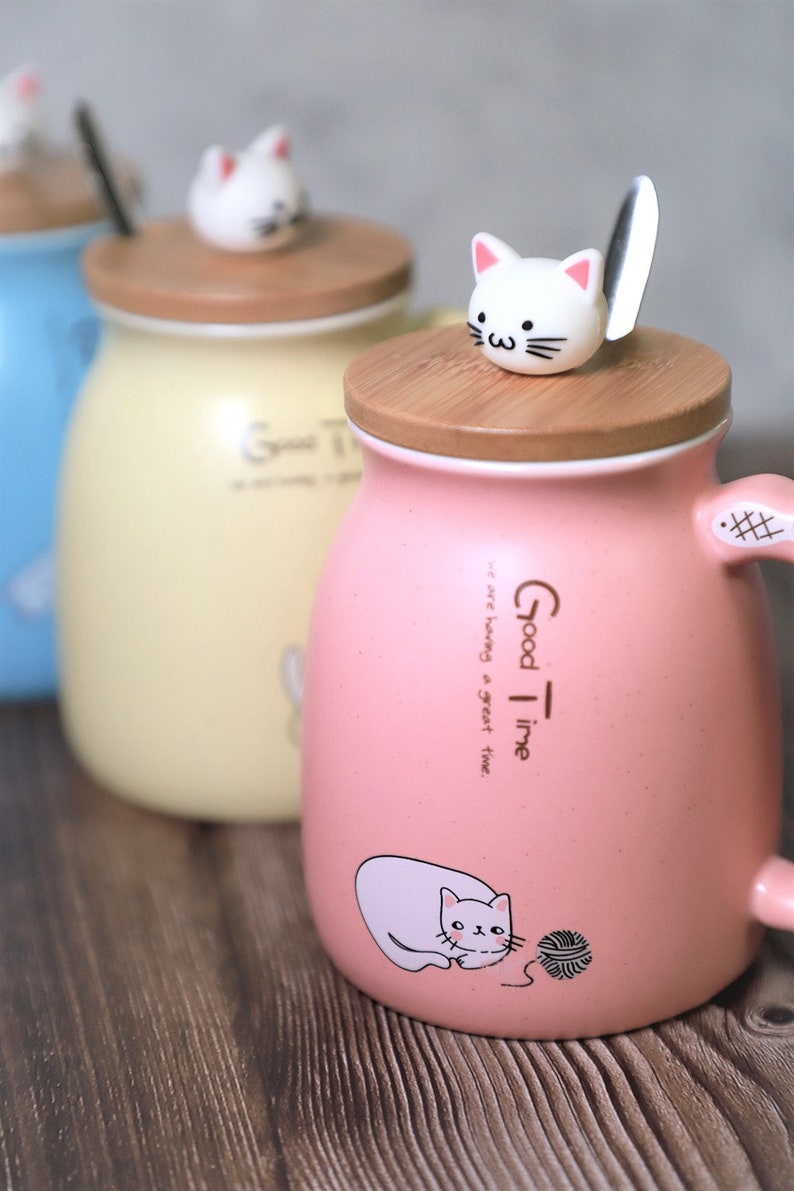 Cute Cat Milky Ceramic Mug With Spoon and Wood Lid Fine Etsy