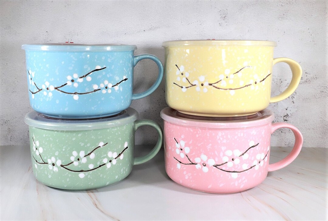 Microwavable Ceramic Noodle Bowl With Handle and Seal Fine Porcelain