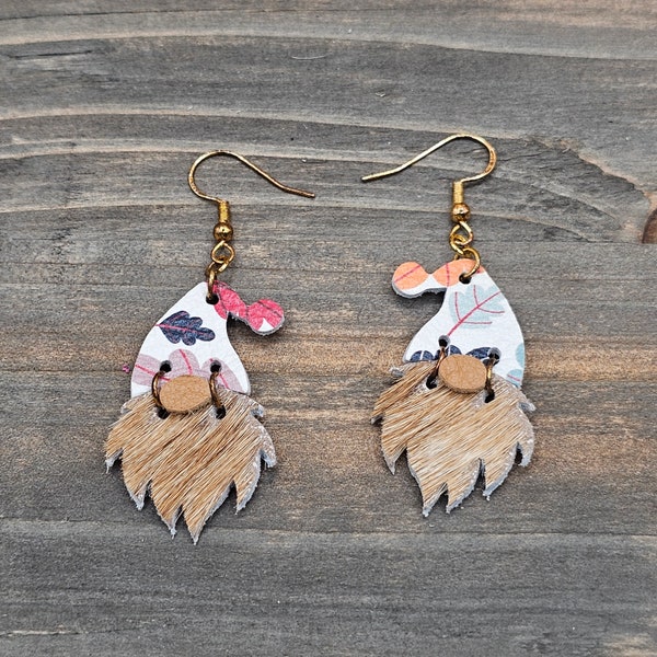 Cute Gnome Earrings, 3rd Year Anniversary Gift for Wife, Birthday Gift for Best Friend, Garden Lover Gift for Her, Real Cowhide, Nickel Free