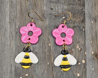 Bumble Bee and Flower, Lightweight Leather Earring, Birthday Gift For Best Friend, Bee Keeper Gift For Women, Wedding Gift For Sister in Law