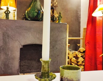 Handcrafted Ceramic Candle Holder with Small Green Vase - Elegant Home Decor for Candles - Unique Pottery Art Piece - Ideal Gift for Her