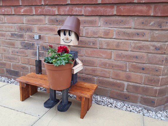 Wooden Flower Pot Man Lady on Bench Etsy UK