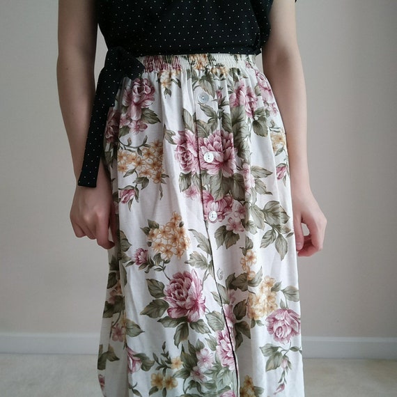 Cute Retro 60s Pleated Skirt Pink Blue Green Floral Pattern Vintage Botanical Skirt with Pockets