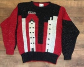 Vintage jumper sweater city scene sparkle 80s shoulder pads red black