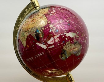 Semi Precious Gemstone Inlay Pink Pearl Ocean Globe on Brass Half Meridian Mount