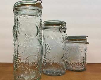 Vintage Embossed Fruit Pattern Hermetic Glass Canister Set with Wire Bale Hinges | Set of 3