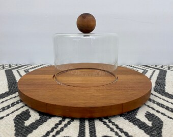 Vintage MCM Atapco Siamese Teak Charcuterie / Cheese Board with Glass Cloche