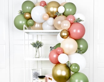 Kit de arco de guirnalda de globos en rosa empolvado, rubor, verde salvia y dorado con GANCHOS. Despedida de soltera rústica bohemia, primer cumpleaños floral en tonos pastel de eucalipto