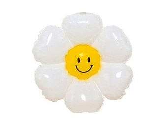 Smiley Face White Daisy Flower Balloon. Balloon Garland Decor, Photo Prop. 70's Groovy Boho Birthday, Baby Gender Reveal, Bridal Shower