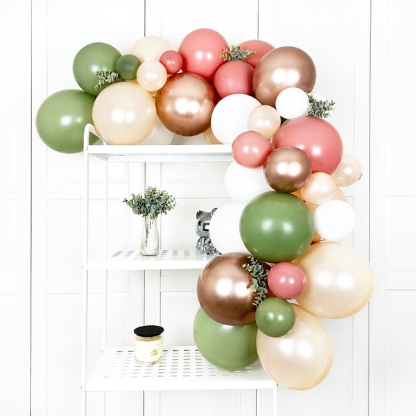 Dusty Rose Pink, Blush, Sage Green & Rose Gold Balloon Garland Arch Kit w/HOOKS. Rustic Boho Bridal Shower. Eucalyptus + Pearl Blush Wedding