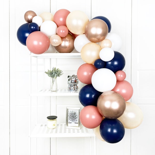 Dusty Rose Pink, Pearl Blush, Navy & Rose Gold Balloon Garland Arch Kit Complete w/HOOKS- Rustic Boho Bridal Shower, Romantic Floral Wedding