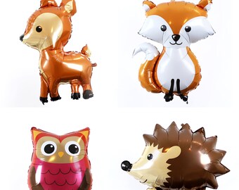 Big Woodland Animal Theme Party Decor. Cute Baby Deer, Fox, Owl Hedgehog Forest Creature Mylar Foil Balloon. For Baby Showers, Birthdays
