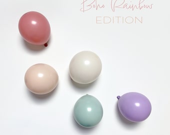 Kit de arco de guirnalda de globos arcoíris bohemio. Pastel neutro apagado, mezcla de los 70 con estilo. Rosa malva, rubor, crema, menta y lila. Cumpleaños, despedida de soltera.