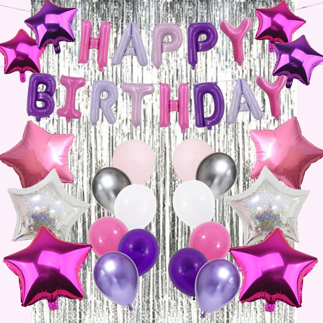 Juego de decoración para fiesta de feliz cumpleaños, cortina con flecos de  lámina plateada, kit de arreglo de guirnaldas con ramo de globos de ..., image size:1080x1080