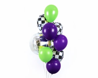 Lime Green & Purple Monster Truck Theme Balloon Bundle Set. Checkered Mylar Foil, Latex Balloons. Boy's Birthday Party Decor