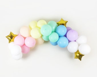 Complete Balloon Garland Kit w/Hooks - Pastel Rainbow Matte Round Balloon + Gold Star Arch Kit. Baby Shower, Gender Reveal, Unicorn Birthday