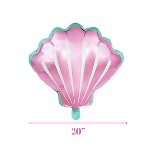 May include: A pink and teal seashell shaped foil balloon, 20 inches in size.
