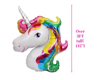 Cabeza de unicornio de 42" con melena arcoíris colorida. Globo de lámina de Mylar gigante, 1er cumpleaños del caballo místico, baby shower para niña, telón de fondo de guirnalda de globos