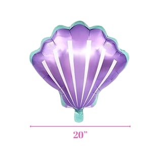 May include: A purple and teal foil balloon shaped like a seashell. The balloon is 20 inches in diameter.