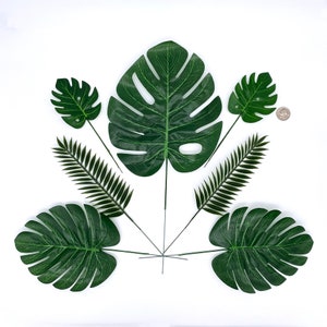 7pc Faux Green Ferns + Tropical Palm Leaves - Faux Foliage Greenery for Flamingo Party, Hawaii Tiki Luau, Safari Jungle Zoo Garland Decor