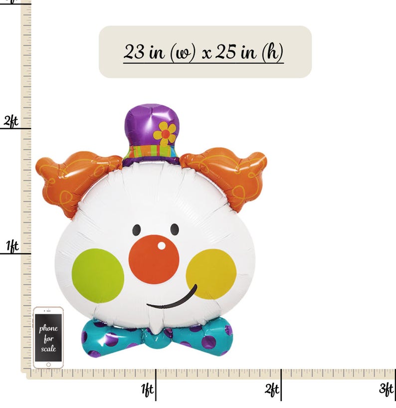 May include: A large white clown balloon with orange hair, a purple hat with a yellow flower, and a red nose. The balloon has green and yellow circles on the cheeks and a blue bow tie. The balloon is 23 inches wide and 25 inches tall.