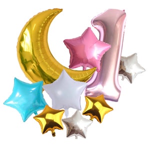 1st Birthday Party Decoration Set. 40&quot; Big Number #1 Balloon, 36&quot; Gold Moon + Star Balloon Bundle Mix. Gold & Pastel Pink, Blue, White