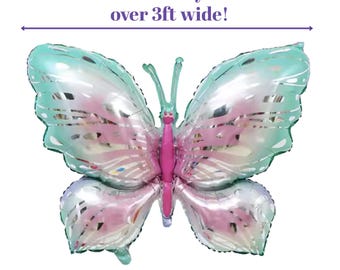 Globo de aluminio Mylar gigante XL de 38" con diseño de mariposa en color verde menta y rosa pastel, jardín de flores encantado, baby shower de niña hada, decoración con guirnalda de globos