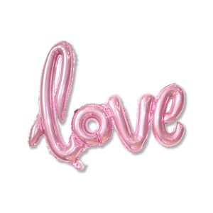 May include: Pink foil balloon letters spelling out the word "love".
