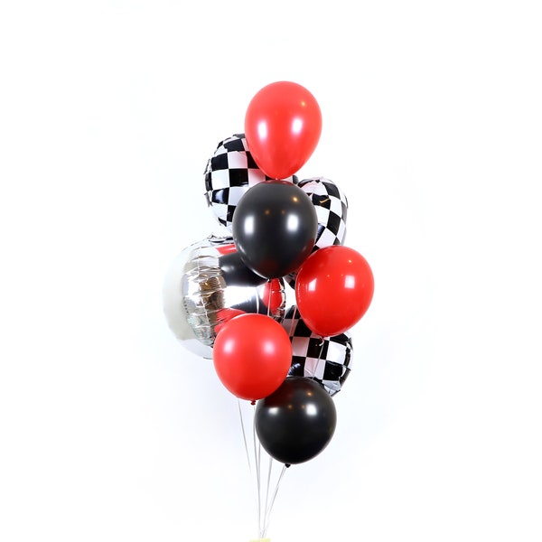 Race Car Theme Balloon Bundle Set. 22" Silver Orb, 18" Checker Mylar Foil + 11" Red & Black Latex Balloons. Boy's Birthday Party Decoration