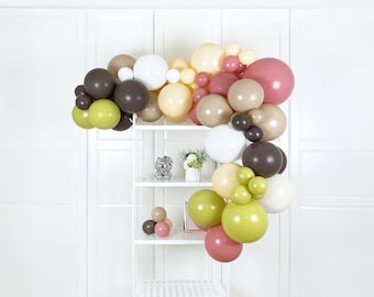 Kit de arco de globos con guirnalda en rosa empolvado, marrón avellana y verde oliva. Despedida de soltera rústica bohemia, boda floral, baby shower con flores silvestres.