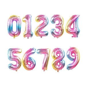 32&quot; Pastel Rainbow Ombre Number Balloon - Big Mylar Foil Gradation Color Balloon -  First Bday, Sweet 16, 21st Birthday, Anniversary Party