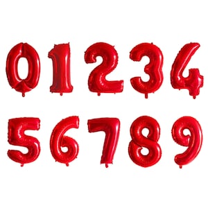 May include: Red foil balloons shaped like the numbers 0 through 9. The balloons are inflated and ready to use.
