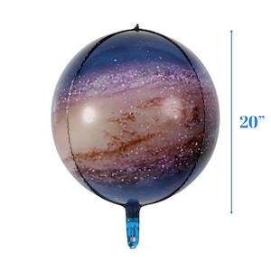 May include: A 20-inch round galaxy-themed foil balloon. The balloon is blue with a galaxy print and a silver star pattern.