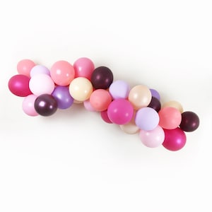 May include: A garland of pink, purple, and maroon balloons. The balloons are arranged in a curved shape, as if they are floating in the air.