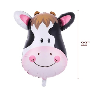 22&quot; Large Cow Face Mylar Foil Balloon. Circus Carnival. Country Barn. Farm Animal Zoo. Cowboy Cowgirl First Birthday. Boy Girl Baby Shower.