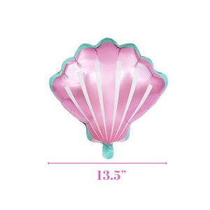 May include: A pink and green seashell-shaped foil balloon, 13.5 inches in size.