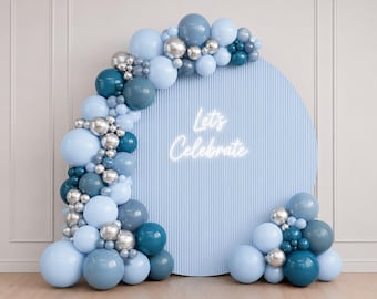 Pastel Baby Blue & Silver Balloon Garland Kit, DIY Organic Balloon Arch Strip . For First Boy Birthday, Baby Shower Balloon Backdrop Display