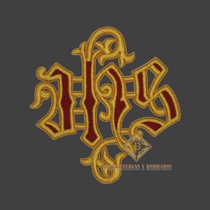 May include: Gold embroidered patch with the letters "JHS" in a stylized font. The letters are outlined in gold and filled with a burgundy color.