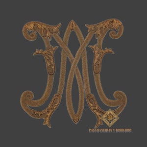 May include: Gold embroidered monogram with the letters "M" and "F" intertwined. The monogram is surrounded by ornate floral designs. The text "PASAMANERIAS Y BORDADOS" is below the monogram.