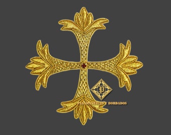 May include: A gold embroidered cross with a red center, featuring a detailed floral design. The cross is a religious symbol often used in church decor.