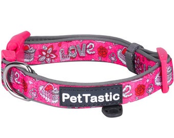 Best Adjustable Padded Dog Collar Durable Soft Heavy Duty Cerise Pink Love Design Outdoor & Indoor use for girls, boys, puppies, adults