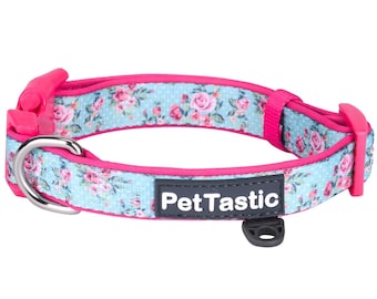 Best Adjustable Padded Dog Collar Durable Soft Heavy Duty Vintage Pink Roses with Dots Outdoor & Indoor use for girls, boys, puppies, adults