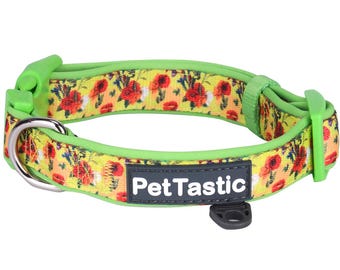 Best Adjustable Padded Dog Collar Durable Soft Heavy Duty Canary Yellow Wild Roses Outdoor & Indoor use for girls, boys, puppies, adults