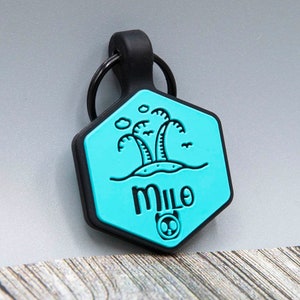 Silicone Silent Personalized Soundless Designer Pet ID Tag - Deep Engraved Double Sided & Engraving Will Last Dog ID Tag Hexagon Palmtree