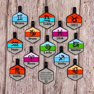 Zodiac Silent Personalized Soundless Designer Pet ID Tag - Deep Engraved Silicone Double Sided & Engraving Will Last - PetTags, Dog ID Tag