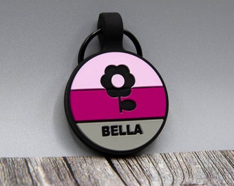 Etiqueta de identificación para mascotas de diseño silencioso, personalizada y sin sonido: silicona grabada de doble cara y con grabado duradero Etiqueta de identificación para perros redonda, rosa y violeta