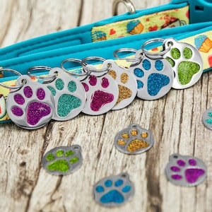 Engraved Pet Tag for Dogs & Cats - Personalized with 4 Lines of Custom Engraved ID, Round Paw Print Stainless Steel Enameled