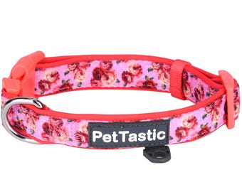 Best Adjustable Padded Dog Collar Durable Soft Heavy Duty Baby Pink Roses and Dots Outdoor & Indoor use for girls, boys, puppies, adults